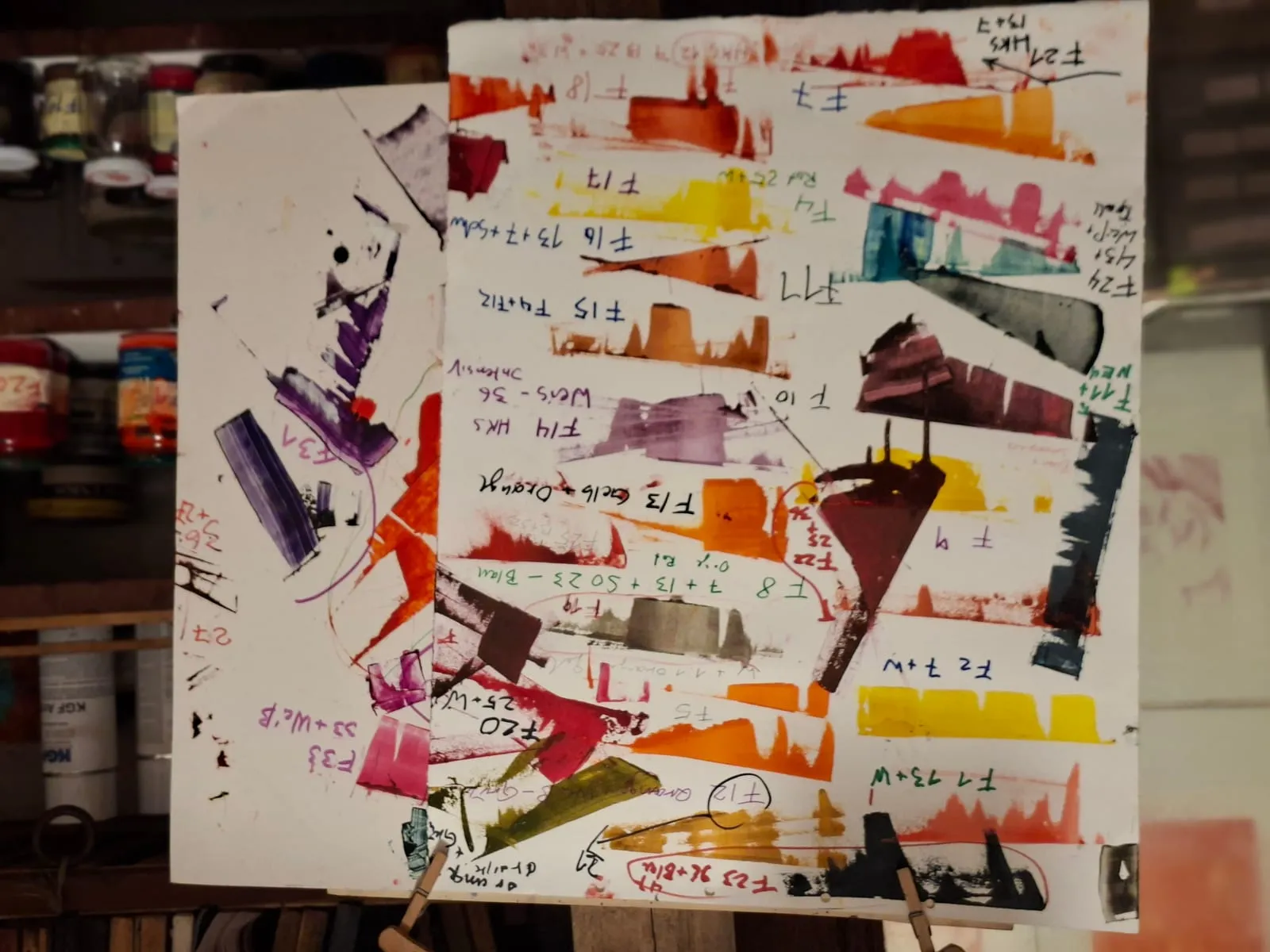 Proof sheet with dozens of colour swatches and handwritten recipes