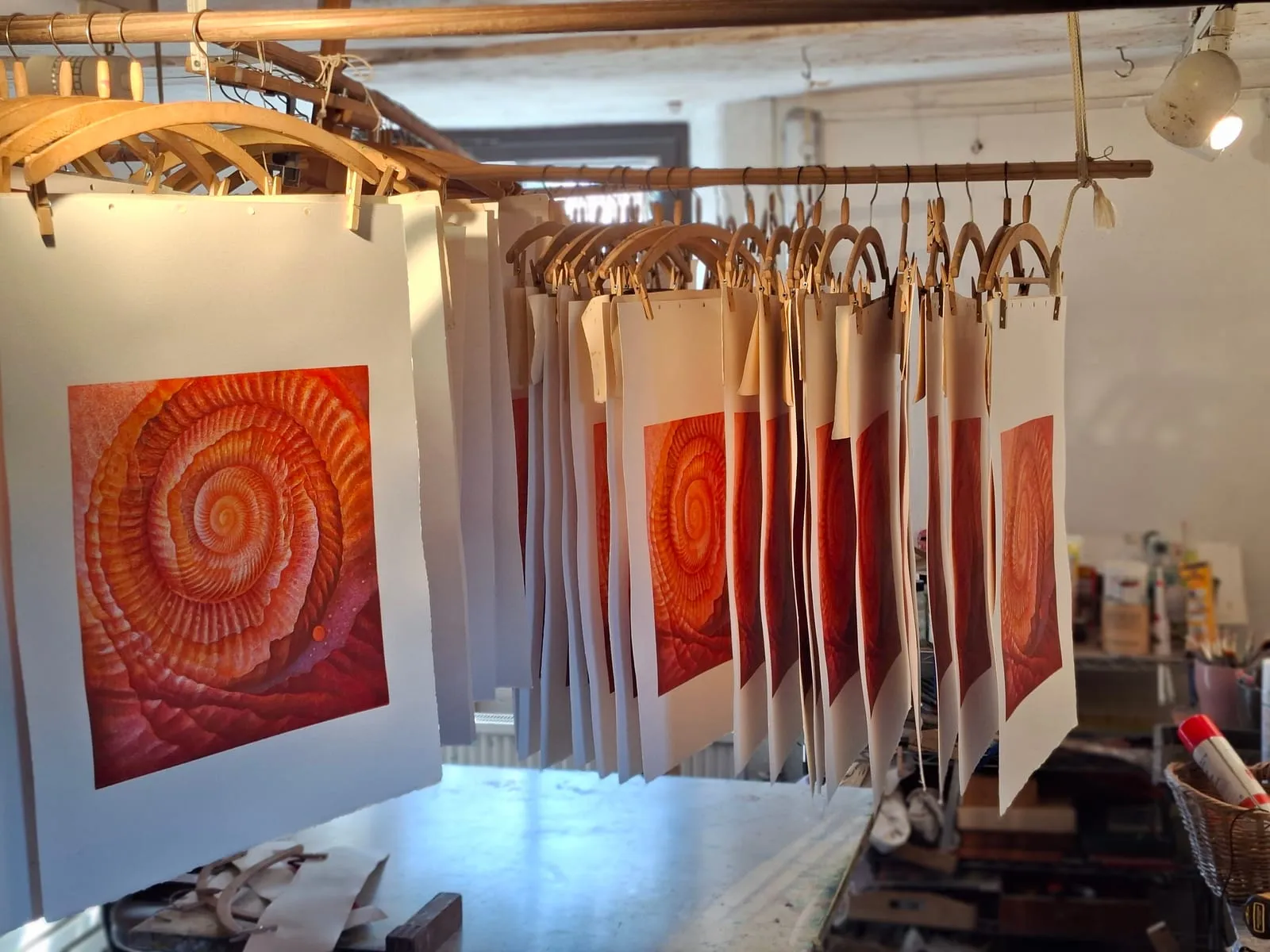 Many fresh prints of the orange ammonite hanging on drying racks