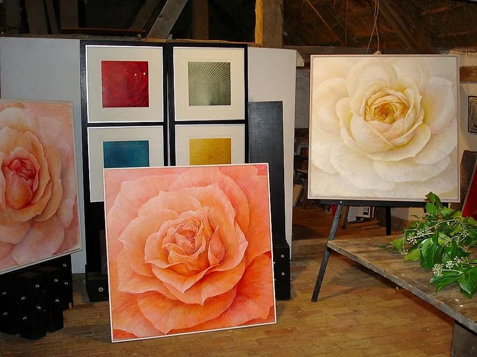 Large rose paintings by Olaf Hoppe in the studio