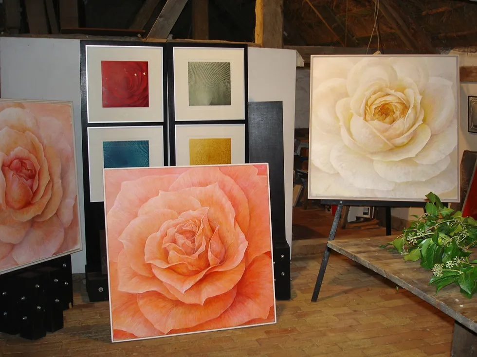 Large rose paintings by Olaf Hoppe in the studio